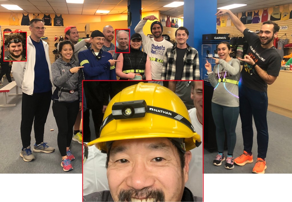 A row of runners pointing to one non-runner in street clothes with the heads of two late runners cut and pasted in with one of the picture selfer large and up front