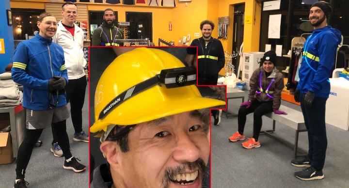 Runners with top of selfer's head cut and pasted in front