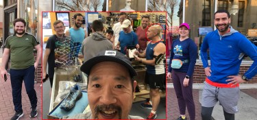 Composited image of 3 runners outside with an inset of the rest inside