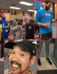 A primary picture of a mother and runner son posing as turkeys with surrounding insets of 3 individuals acting equally ridiculously