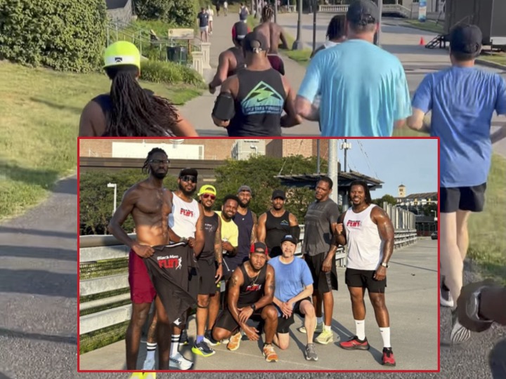 Backs of runners with inset of runners posing