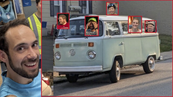 An old VW van on a Jenkintown street side with heads of runners all cut and pasted in with bright-red framing lines as if in and around it.