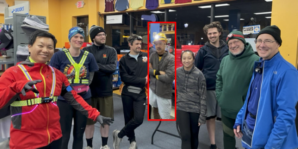 A line of runners kind of smirking around a space in the line up with me cut and pasted in from the run the week before