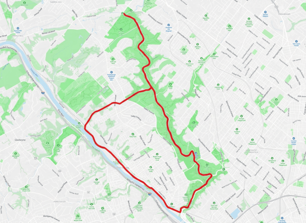 Map of route Map of Wissahickon Creek in Fairmount Park with route of run highlighted in red