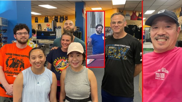 Runners arrayed across the inside of the running store with insets of Jenkintown Adam from across the street outside and CtCloser as selfed