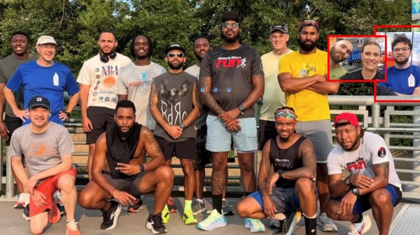 Black, White, and one Asian runner arrayed across a Schuylkill River bridge with 3 heads cut and pasted in from pic inside JRC