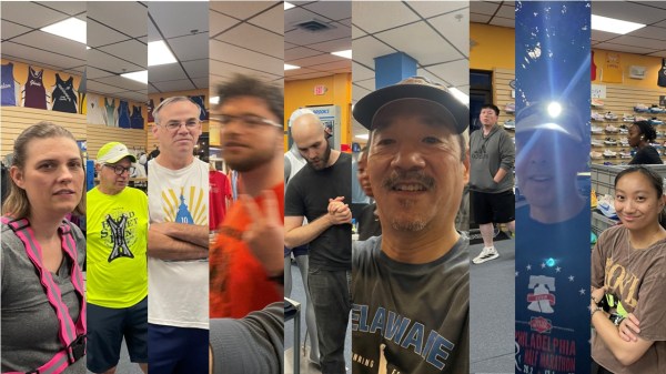 Faces of runners cut in vertical strips from photos with different perspectives