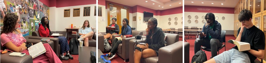 A photo triptych from left to right of 8 students seated across the lounge portion of a meeting room